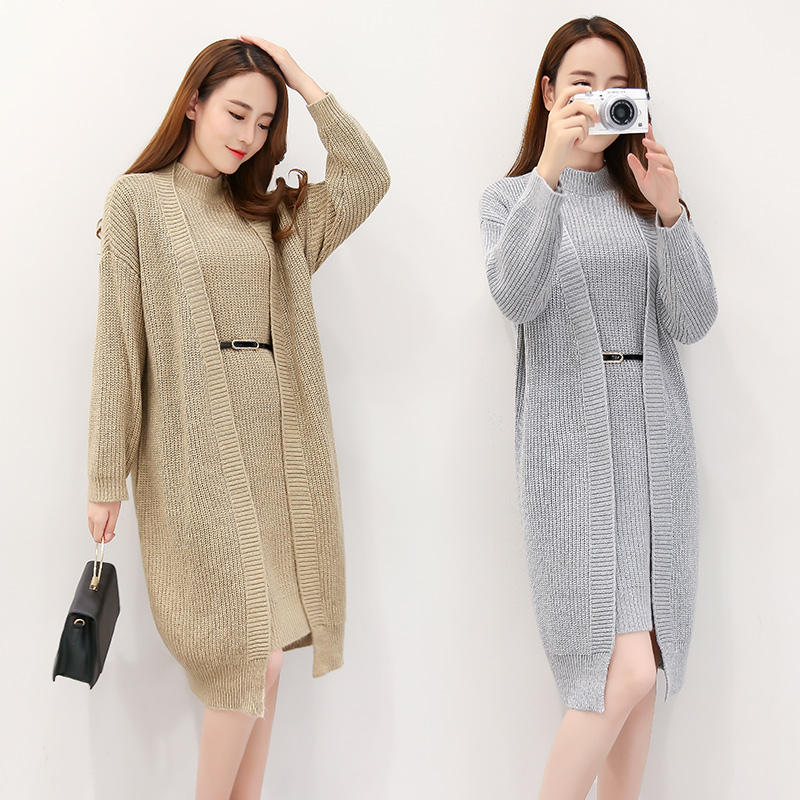 2016秋季新款女装韩版显瘦开衫毛衣针织衫百搭两件套套装连衣裙
