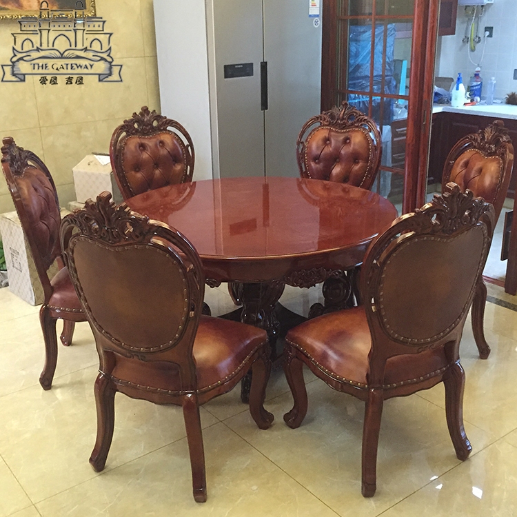 欧式餐桌椅组合新古典实木雕花简约圆形6人餐桌大小户型餐厅饭桌
