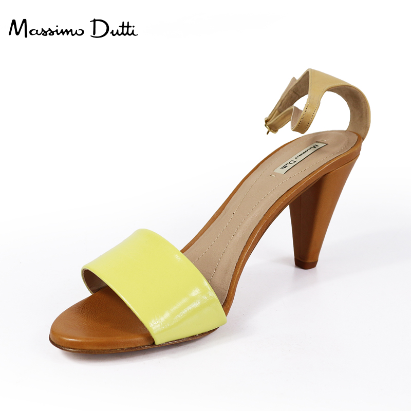Massimo Dutti专柜正品夏款真皮拼色露趾一字扣高跟鞋女凉鞋