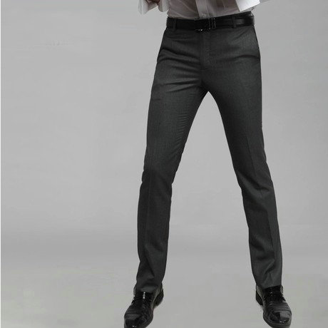 新款男士西裤免烫防皱韩版修身无褶英伦风格百搭职业装灰色竖纹