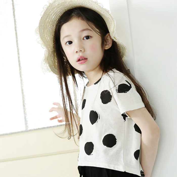韩国进口代购童装2015夏款女童儿童圆点短袖T桖打底衫