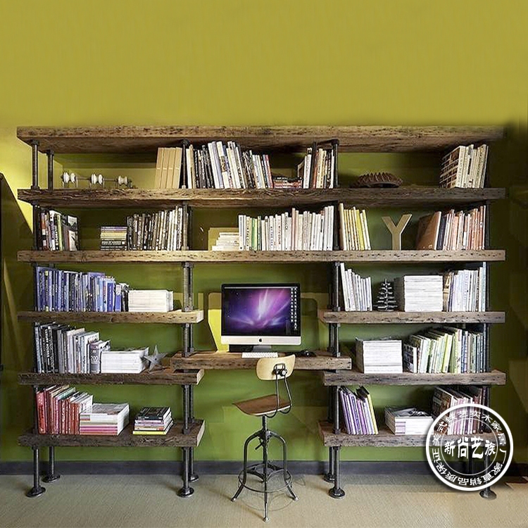 美式LOFT复古工业风铁艺置物架个性书房书桌墙上实木书架收纳层架