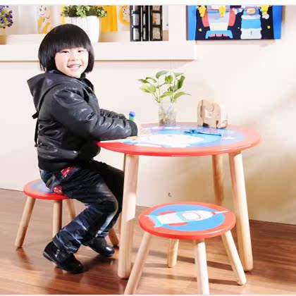 哈喜屋小菊和太空人儿童专用圆形小桌子加2个小凳子套装 优质桦木