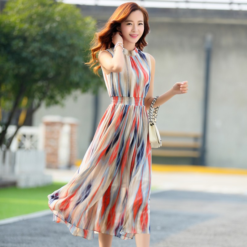 幕尚Ms 2015夏季韩版新款 修身显瘦 无袖条纹雪纺连衣长摆裙