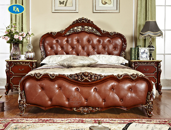 美式真皮床实木雕花床欧式床 1.5米1.8双人床婚床新古典宫廷皮床