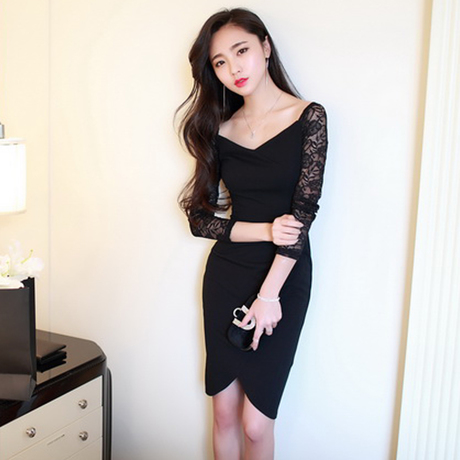 韩语琳2015秋季新款女装ol性感V领蕾丝厚修身包臀露肩长袖连衣裙