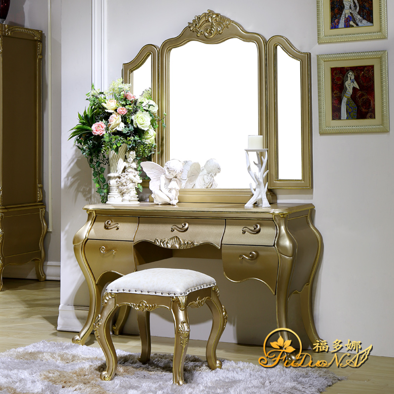福多娜欧式实木梳妆台香槟金色现代卧室化妆台法式简约家具梳妆桌