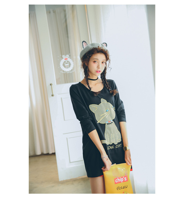 2015新款秋季女装韩版中长款圆领T恤可爱猫咪长袖打底衫
