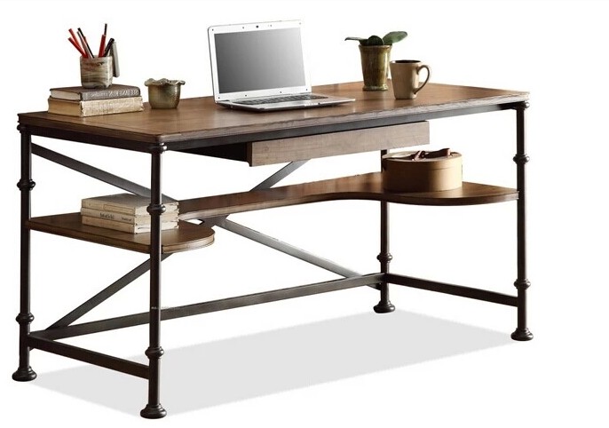 美式复古书桌办公桌铁艺实木电脑桌笔记本桌写字台书架组合置物架