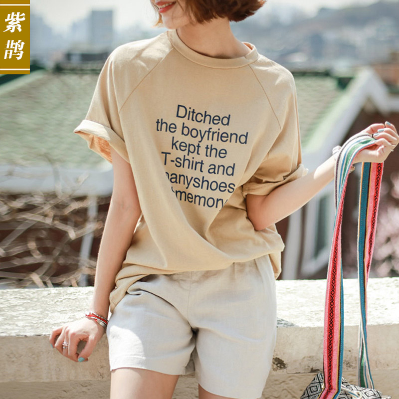 2016新款夏装韩版字母印花中长款宽松大码上衣五分袖潮流短袖T恤