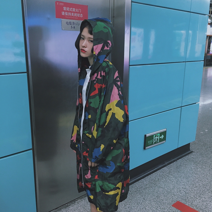 欧洲站2016女士秋季外套中长款宽松迷彩风衣连帽休闲外套女韩版