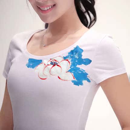 原创中国风水墨上衣夏季民族风女式短袖白色t恤衫时尚百搭蓝莲花