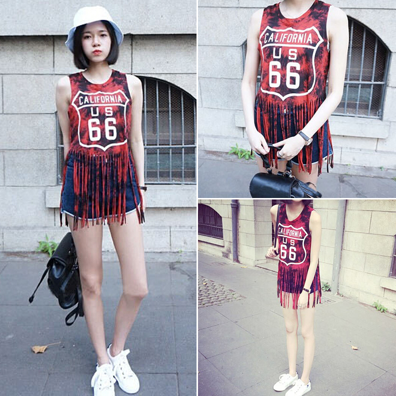 2015夏季新品宽松显瘦无袖流苏T恤 韩版字母印花背心上衣女学生潮