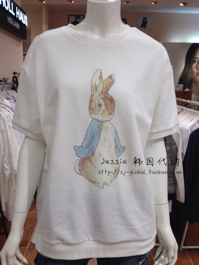 韩国代购 whole hauss专柜正品 彼得兔五分袖圆领 T恤女