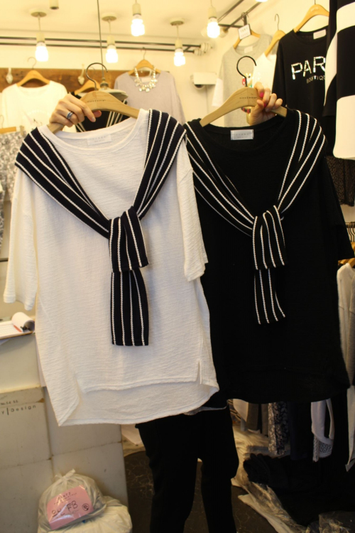 2015夏韩国进口女装东大门代购 学院风条纹领带短袖T恤