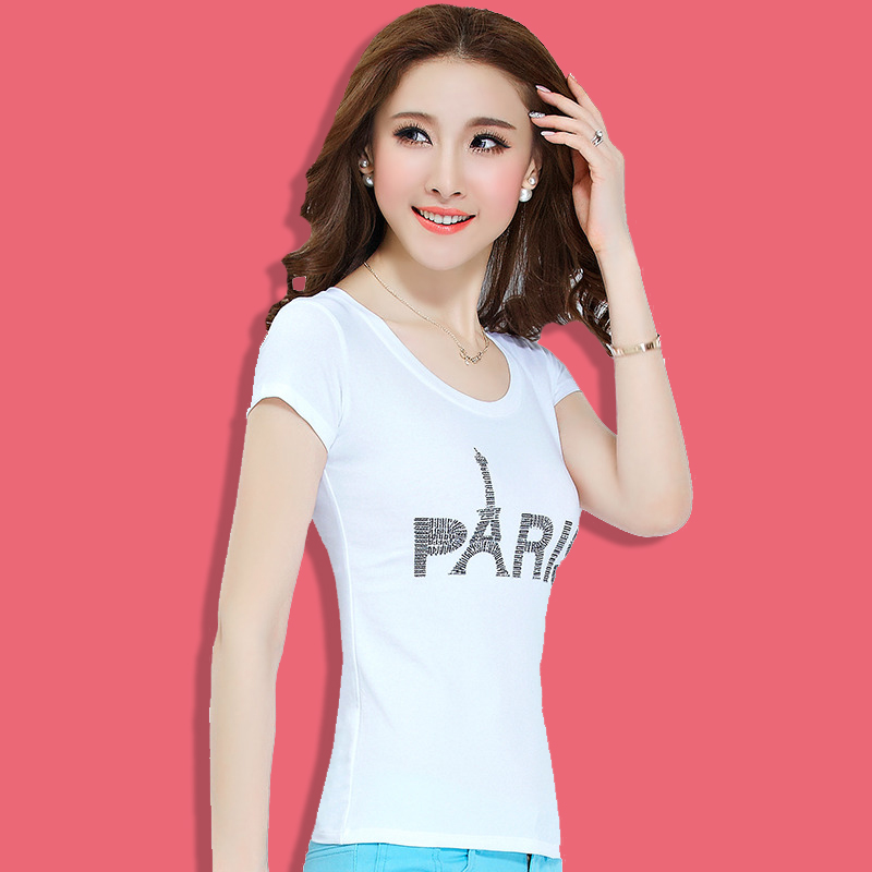 2015夏季新款韩范女圆领纯棉短袖T恤修身显瘦印花烫钻字母巴黎衫