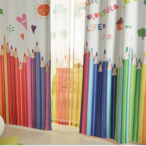 韩国风卡通儿童房彩色铅笔太阳彩虹棉款成品窗帘门帘 免加工费
