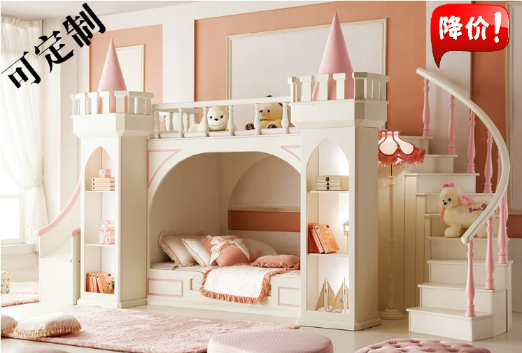 欧式女孩公主城堡床美式儿童床带滑梯双层实木上下床高低床母子床