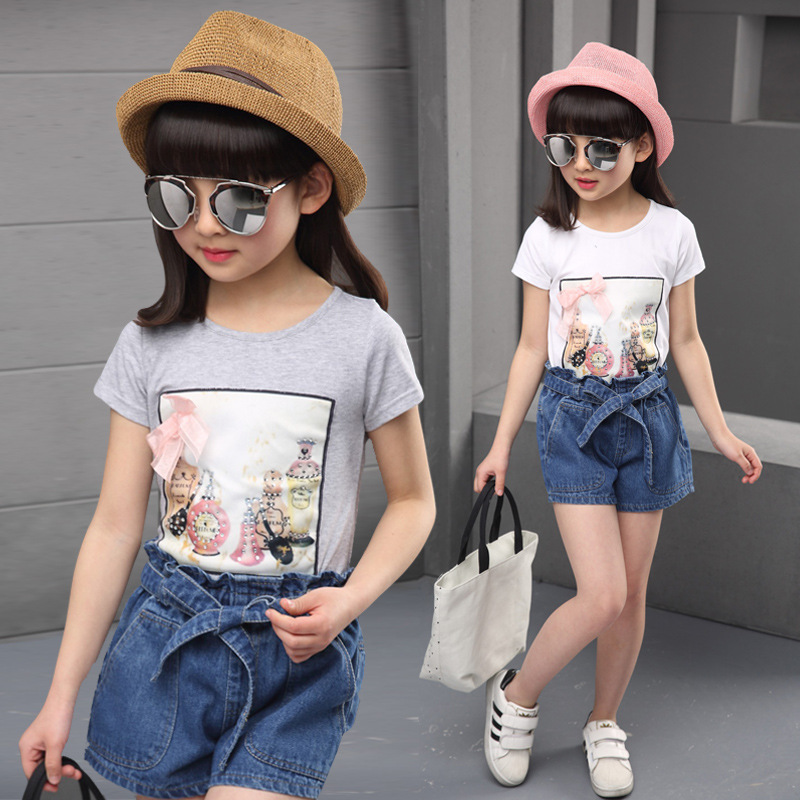 童装女童夏装2016新款韩版中大童短袖T恤牛仔短裤两件套儿童套装