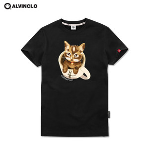 韩国直邮alvinclo 男士短袖T恤 圆领纯棉 动物可爱猫咪黑色