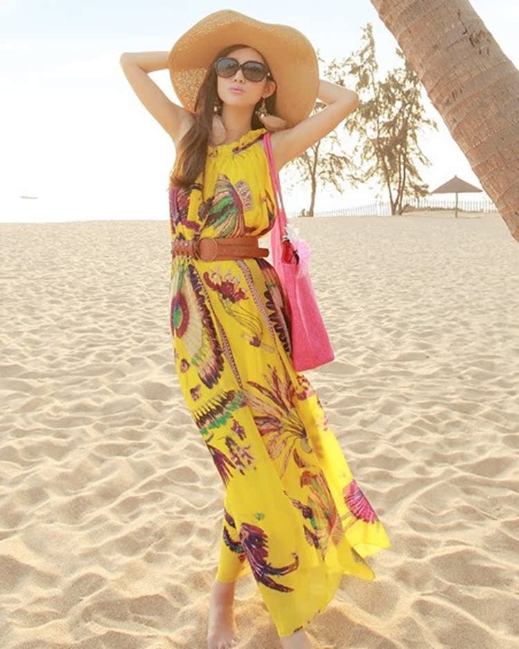2015波西米亚度假长裙 宽松显瘦雪纺连衣裙 沙滩海边长裙