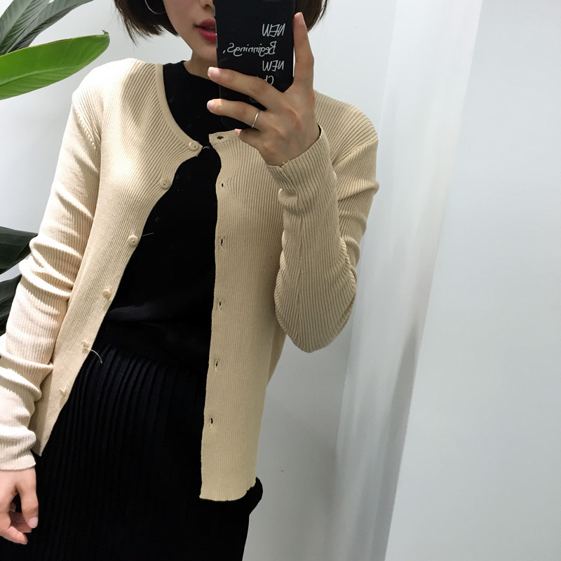 [SUSU]秋季韩版新款针织毛衣圆领修身显瘦小外套长袖开衫纯色上衣