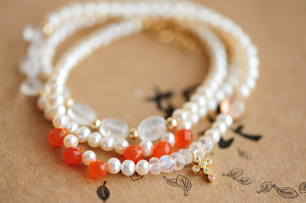 【紫苏叶子】强光淡水珍珠&月光石&橙红玉髓&太阳石项链手链