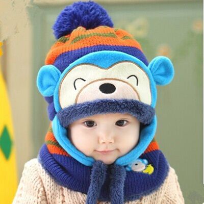 冬季新款可爱小猴子加绒毛线帽 韩版儿童加厚保暖宝宝护耳帽子潮