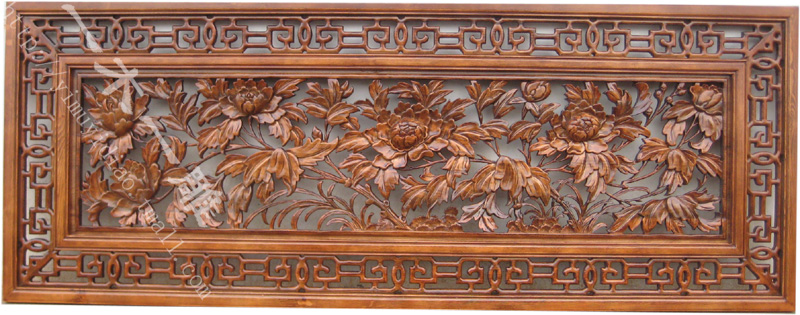 东阳木雕沙发背景墙客厅玄关挂件长方形富贵牡丹