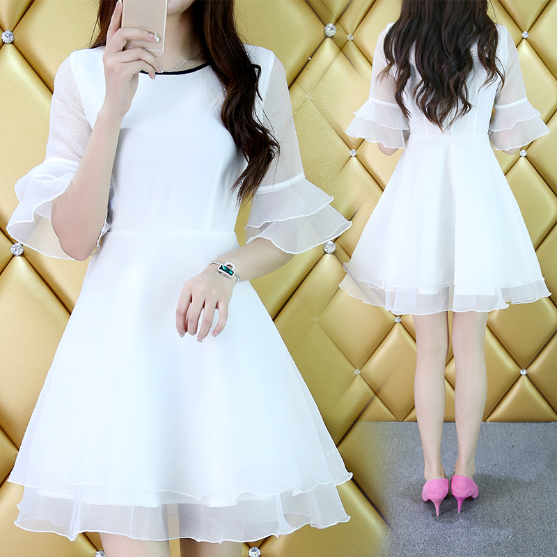 韩国女装代购夏季修身甜美白色欧根纱公主荷叶边连衣裙夏五分袖
