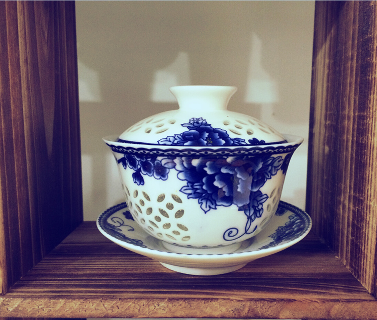景德镇镂空玲珑功夫茶具青花瓷陶瓷器盖碗大号茶碗三才碗茶杯定制