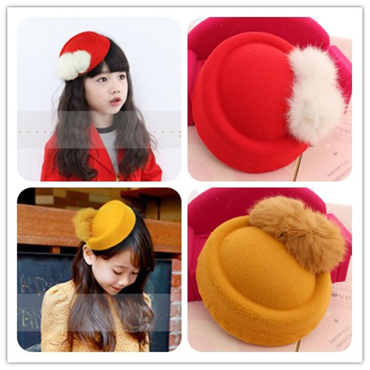包邮新品 优雅礼帽发夹 毛呢毛球帽 女孩贝蕾帽 童装配饰韩版发饰