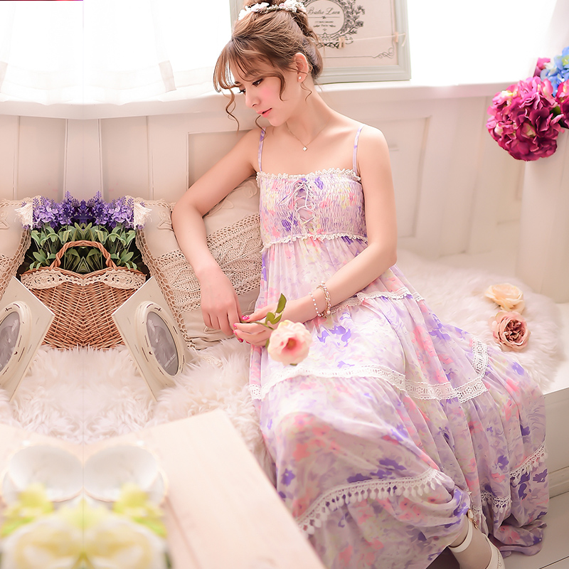 【满99减20】甜美日系公主 2015春夏新款 蕾丝修身短袖连衣长裙女