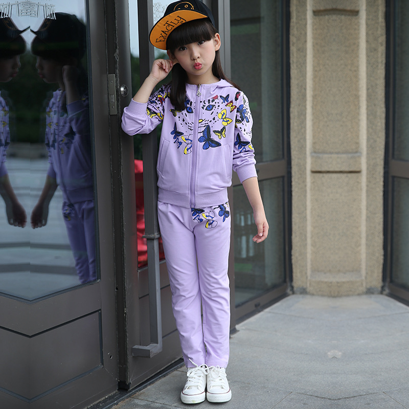 中大儿童套装秋款韩版女童连帽开衫两件套中大童纯棉休闲运动套装