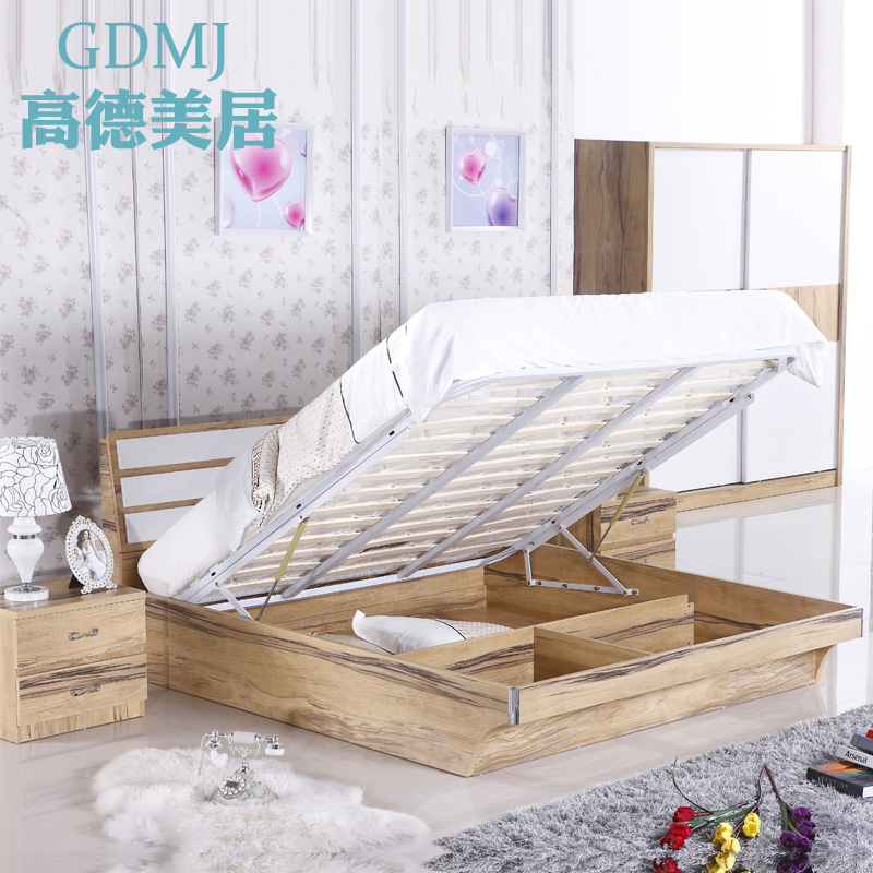 现代简约板式床1.8米 1.5 储物床高箱气动双人床 婚床 北欧榉木纹