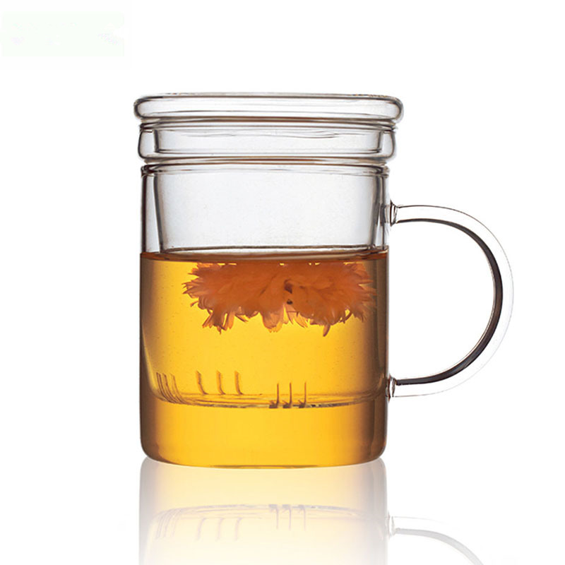 茶水分离泡花茶杯双层杯 沏茶杯玻璃过滤套装 带盖杯子 无色透明