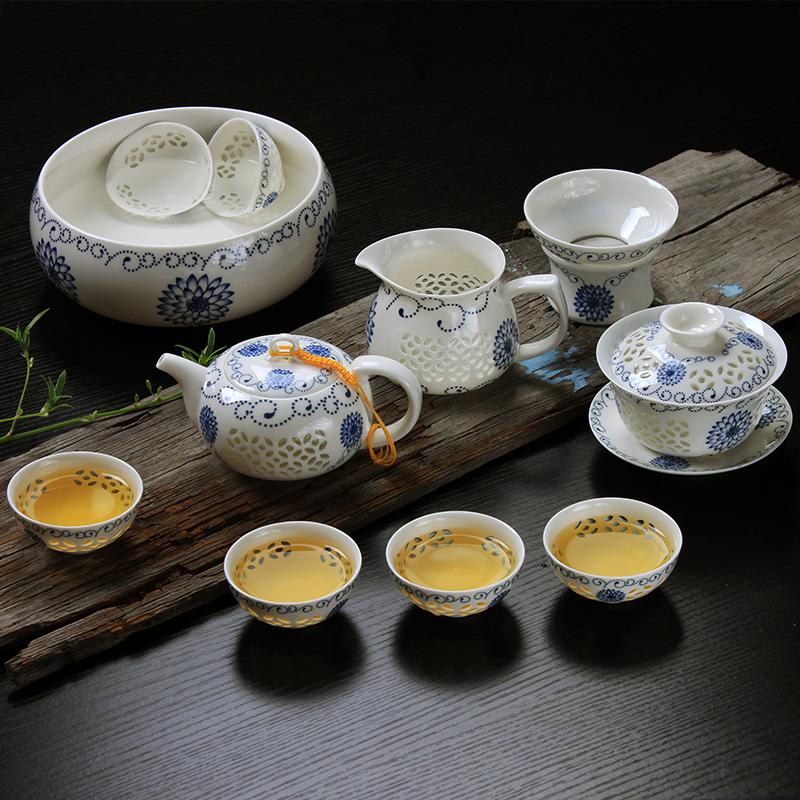 景德镇青花瓷玲珑茶具套装蜂窝镂空陶瓷功夫茶具茶壶茶杯海 包邮