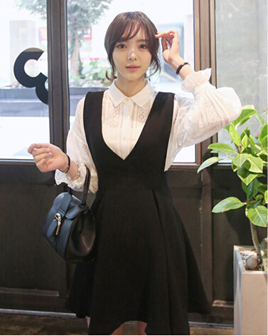 2015秋季新品韩版长袖蕾丝衬衫黑色显瘦背带裙两件套连衣裙套装裙