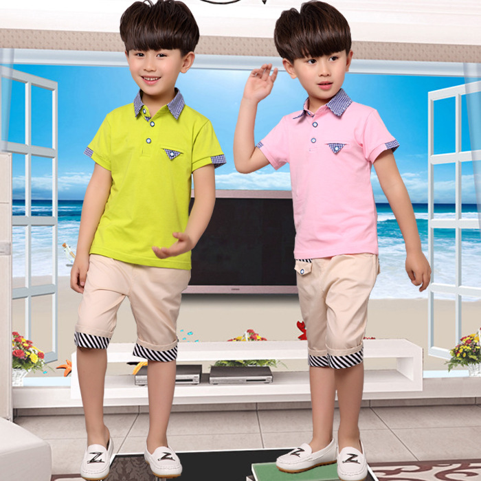 新款韩版纯棉中大男童帅气修身短袖格子立领印花T恤短裤两件套装