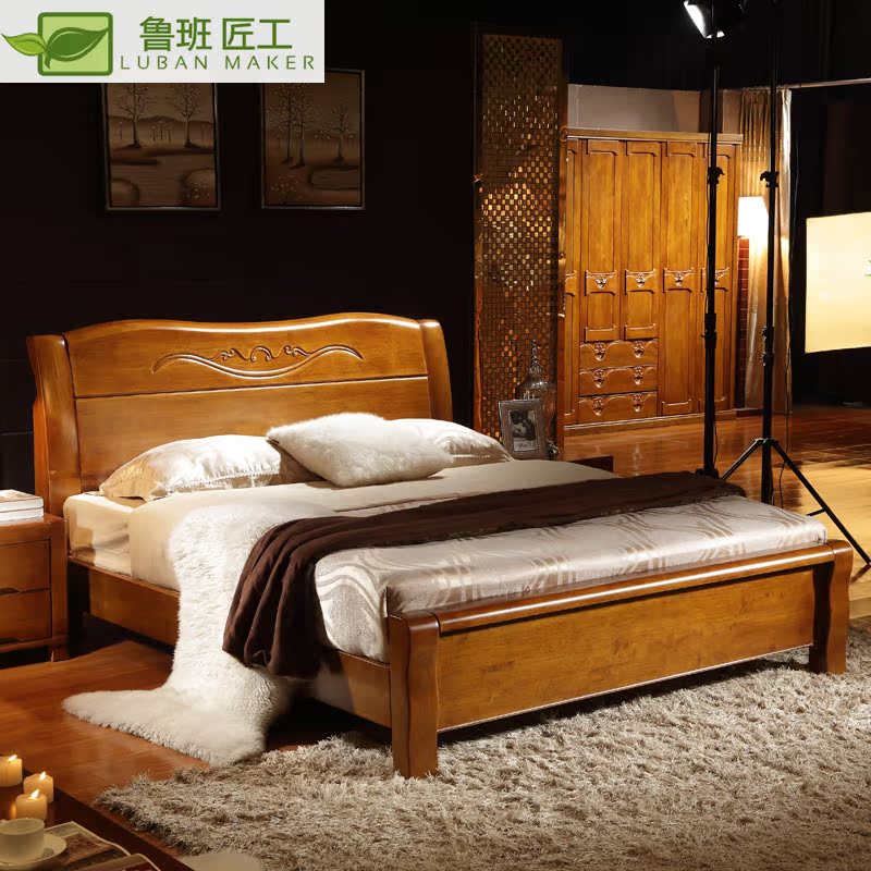 高档全实木床1.5米 1.8米 橡木床 双人简约中式家具 高箱储物婚床