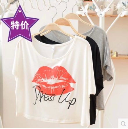2015夏装新款 字母百搭宽松显瘦 短款蝙蝠袖T恤莫代尔小罩衫嘴唇