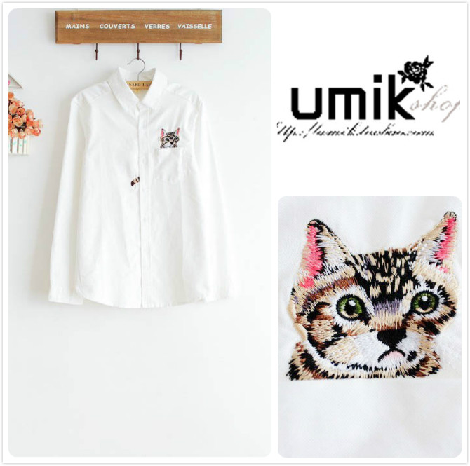 U.MIK女长袖韩版学生刺绣口袋猫咪衬衫女冬文艺范2015春装长袖