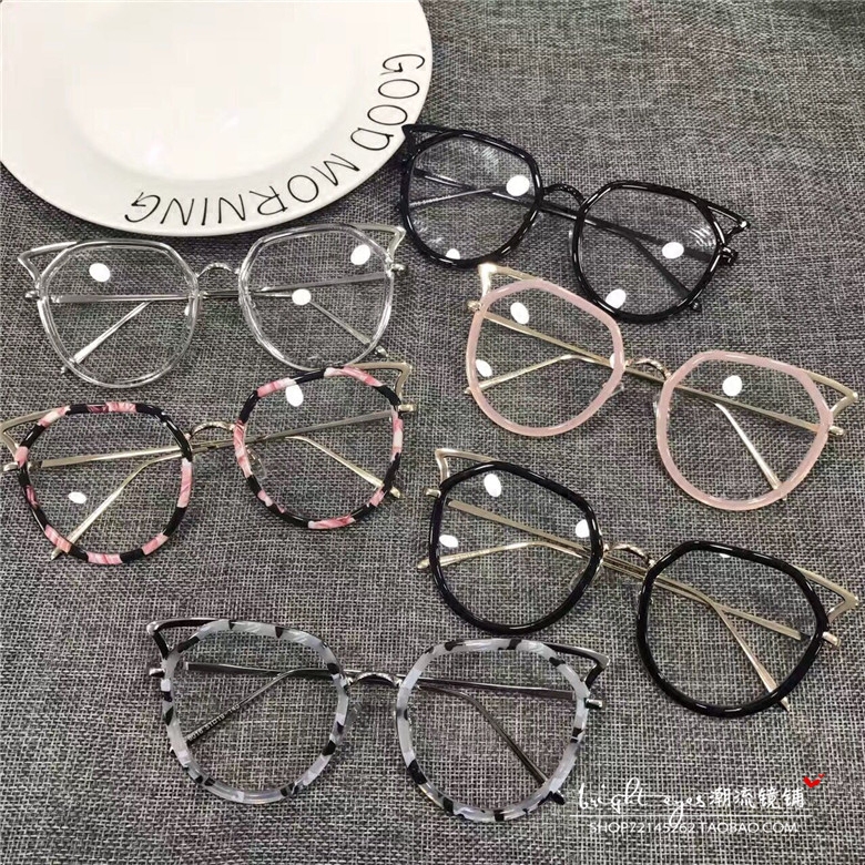 韩国2017新款时髦金属质感眼镜框猫眼圆形大框眼镜架女猫耳朵眼镜
