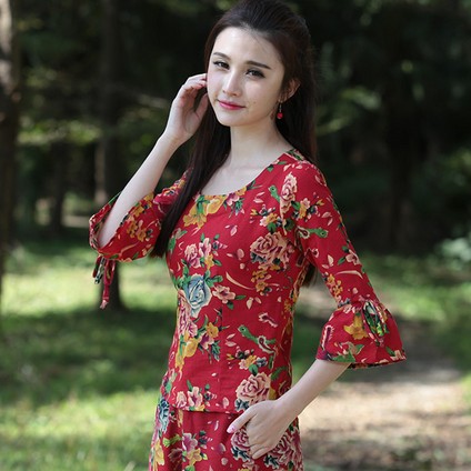 中国风女装春夏民族风东北大花棉麻中袖T恤女 文艺范复古修身上衣