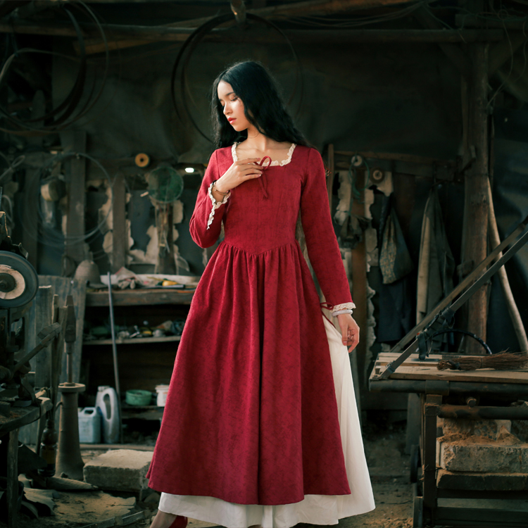 拾光裁缝 原创《红蔷薇》复古连衣裙蕾丝文艺公主暗红中世纪提花