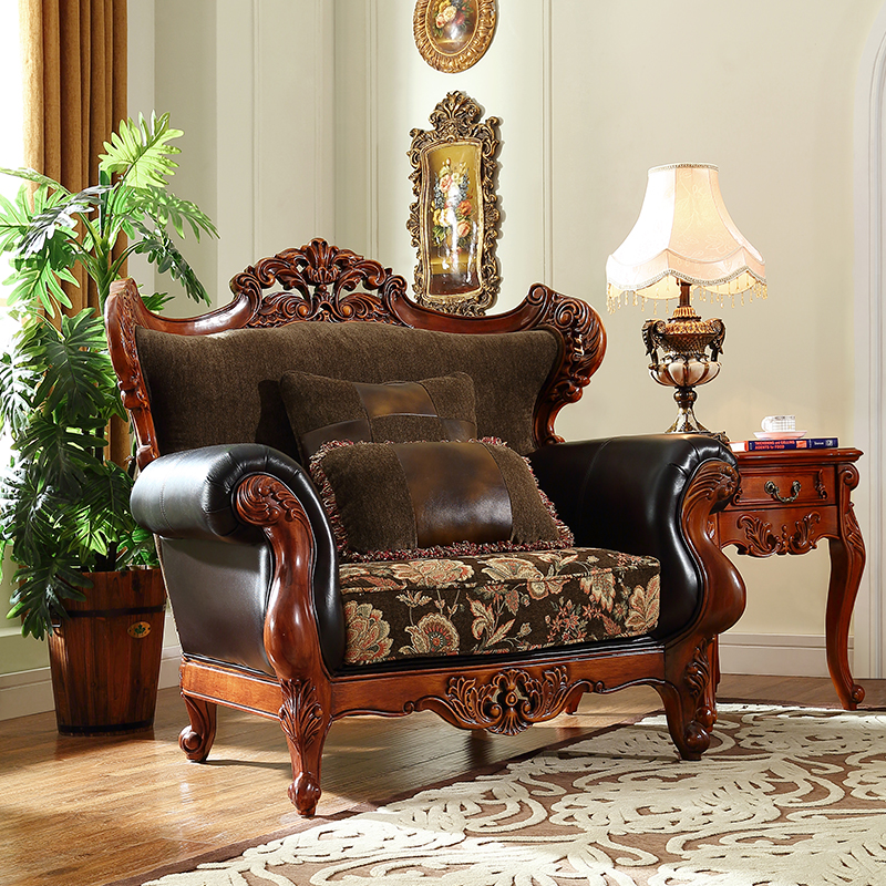 美式实木沙发欧式客厅沙发雕花真皮布沙发组合家具1096
