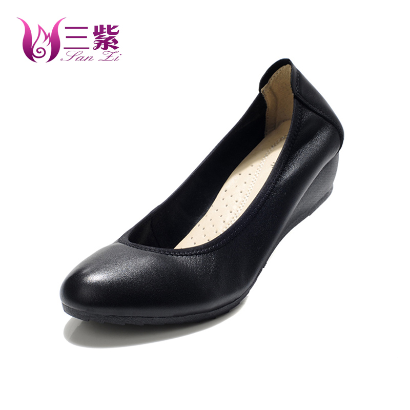 三紫 工作鞋女黑色 真皮坡跟单鞋韩版中跟女鞋OL职业上班鞋软底