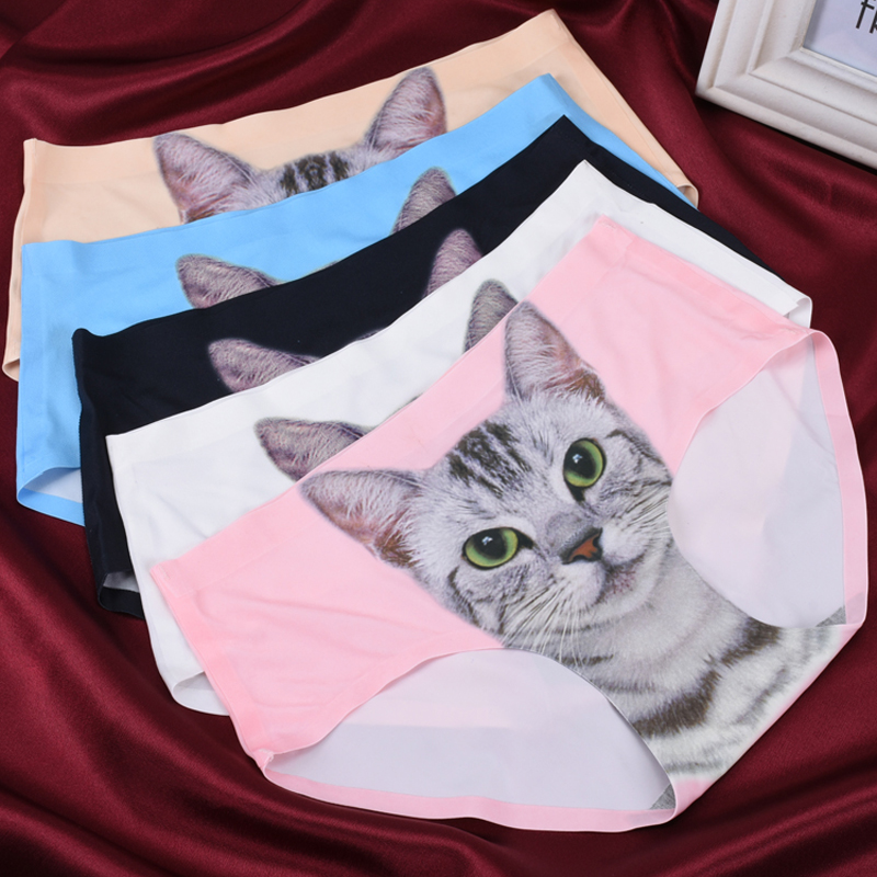 【天天特价】厂家直销 防走光猫内裤 3D印花一片式冰丝无痕三角裤