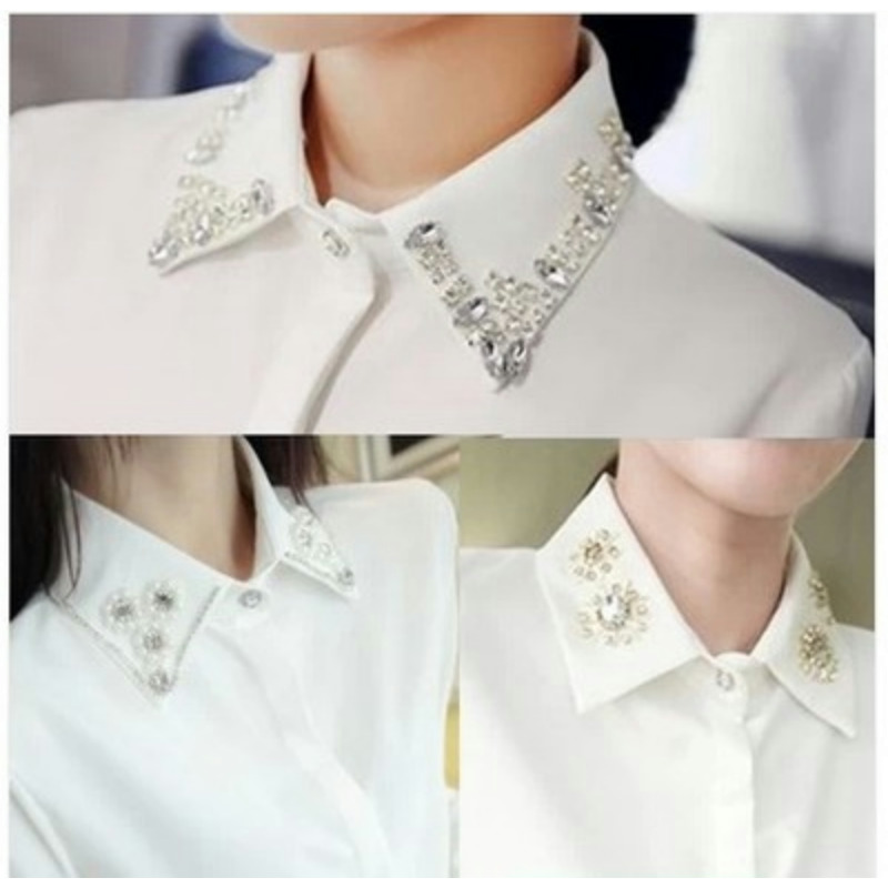 秋季韩版白色雪纺衬衫女甜美POLO领修身翻领镶钻打底长袖学生衬衣