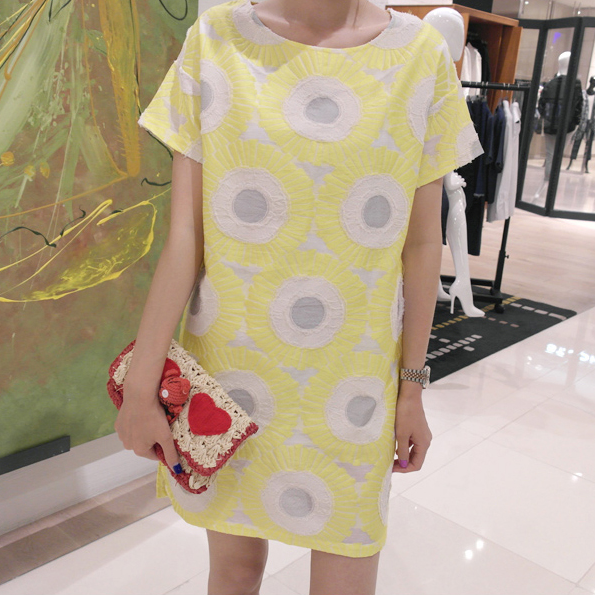 市舶司韩国代购女装夏装新款向日葵花图案直筒连衣裙SR13754